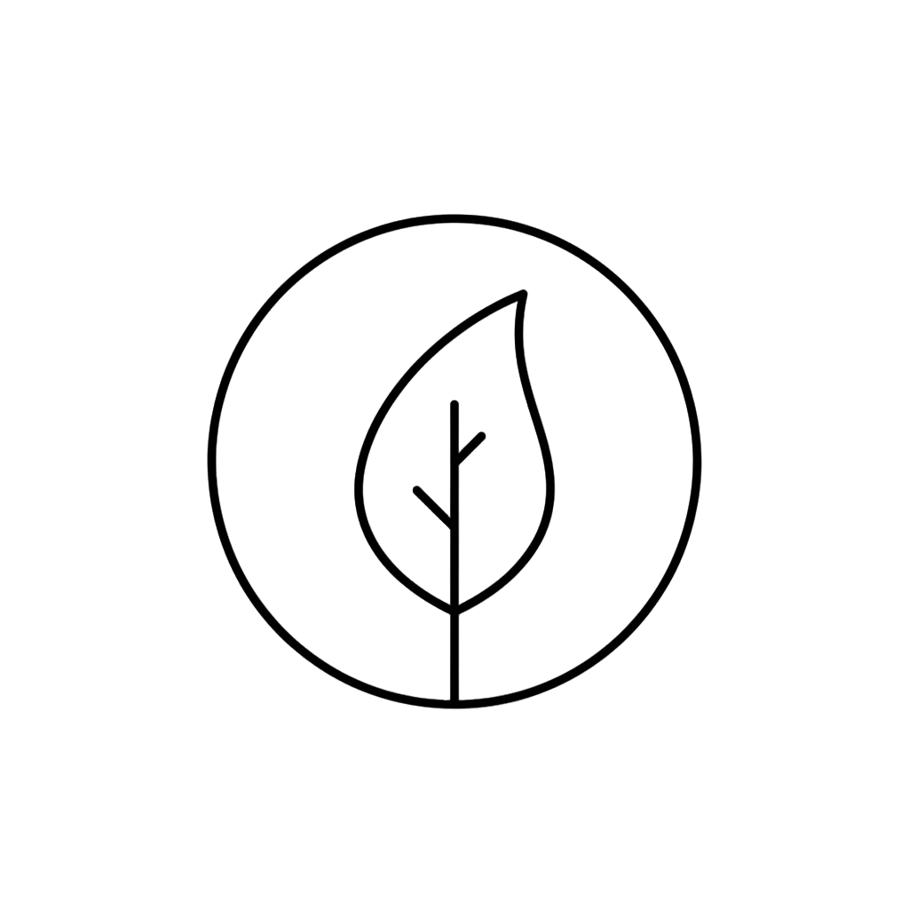 A minimalist monoline icon, black line on white background, no fill. A single stylized, clean plant leaf enclosed perfectly within a thin circle ring. The leaf stem connects to the bottom of the circle. Geometric, clean aesthetic.